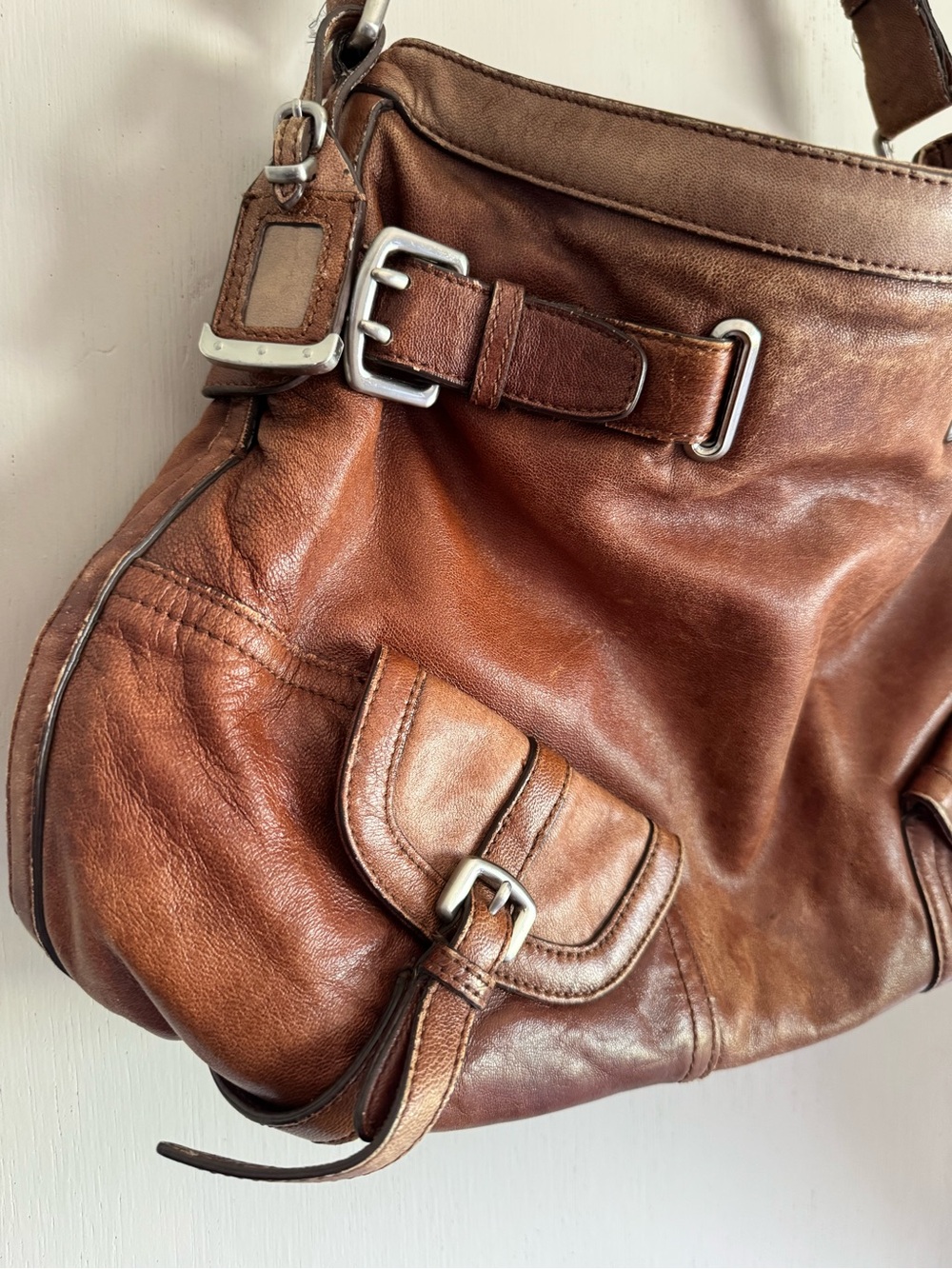 DKNY Cognac Brown Leather Shoulder Bag with Buckle Accents - Picture 3 of 6